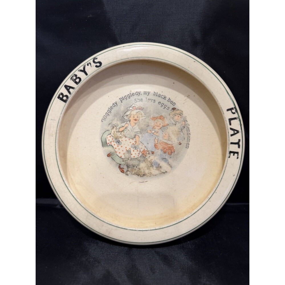 Vintage Roseville Pottery Creamware Baby’s Plate Nursery Rhyme Higgledy Piggledy